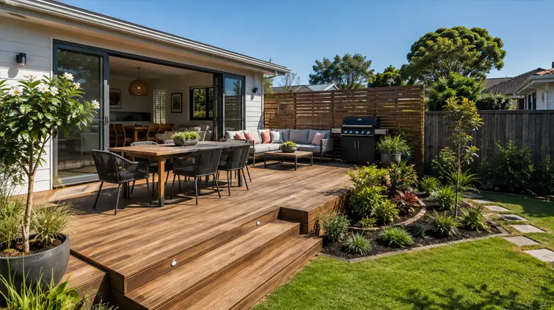 Auckland outdoor living area with timber decking, seating and garden planting